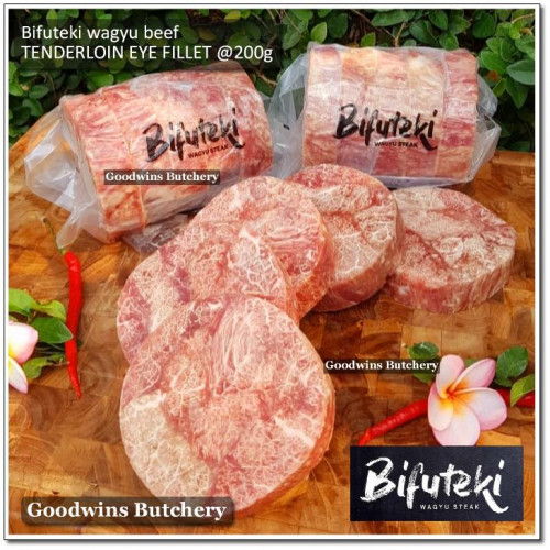 Beef Eye Fillet Mignon Has Dalam TENDERLOIN frozen MELTIQUE WAGYU BIFUTEKI STEAKS +/- 1" ORIGINAL BAG (price/pack 1kg 5pcs)